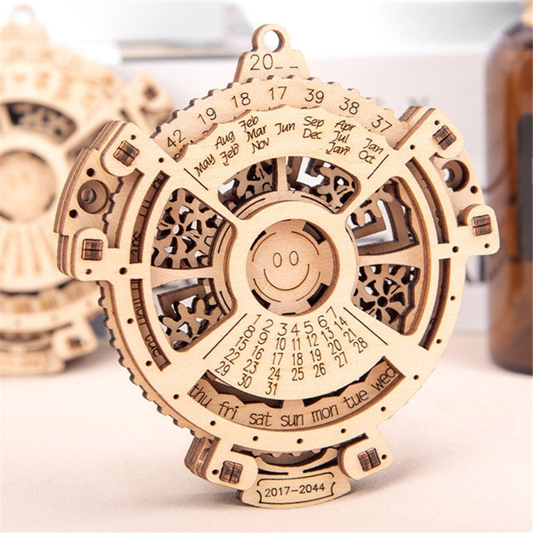 Wooden perpetual calendar gear puzzle with date and day wheel, assembled model