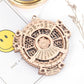 Wooden perpetual calendar gear puzzle, circular face with engraved months and numbers