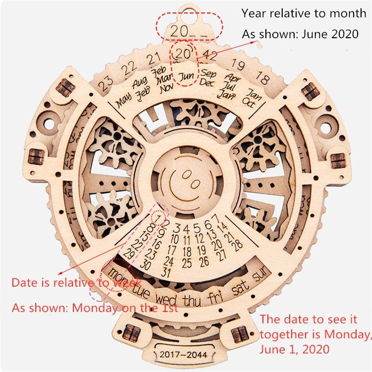 Wooden perpetual calendar gear puzzle diagram, month and date layout on front face
