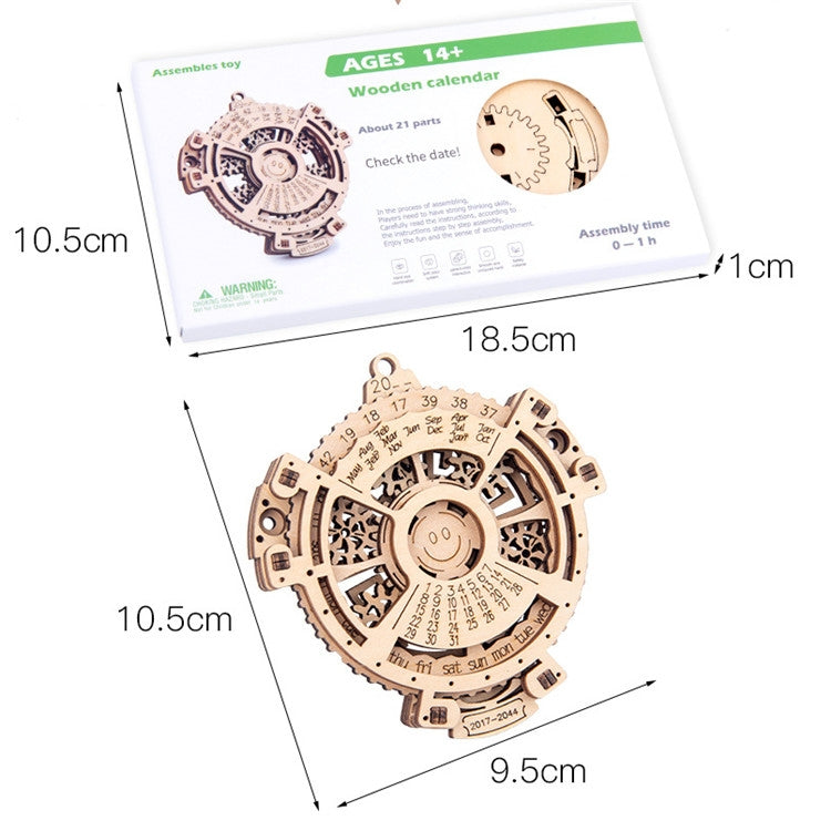 Wooden perpetual calendar puzzle package box with age and size details