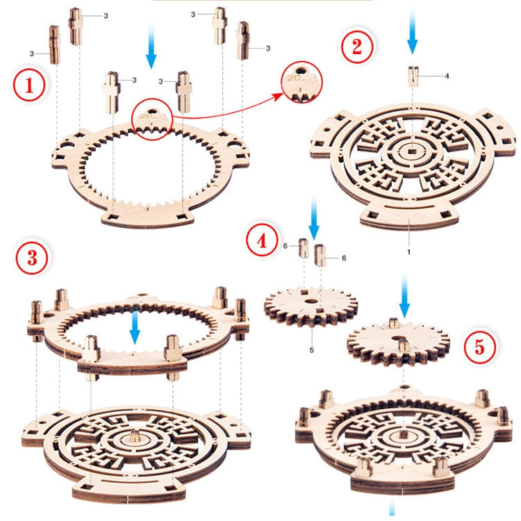 Wooden perpetual calendar puzzle assembly parts, step-by-step gear layer diagram