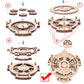 Wooden perpetual calendar puzzle assembly steps, layered gears with arrows and markers