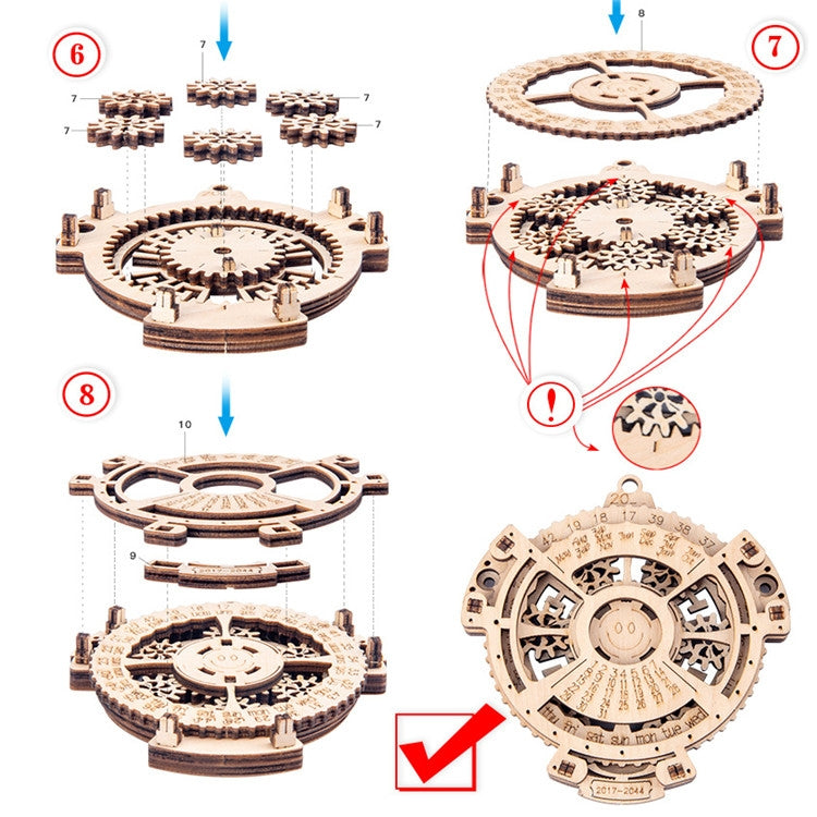 Wooden perpetual calendar puzzle assembly steps, layered gears with arrows and markers
