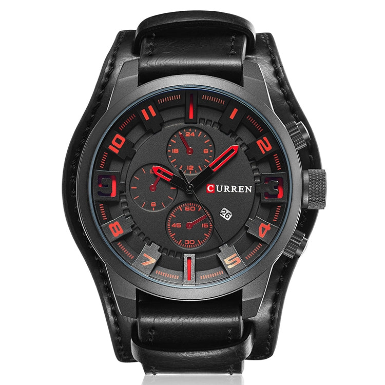 Men's quartz watch with black leather band and black dial, red markers and subdials.