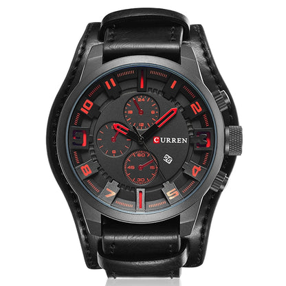 Men's quartz watch with black leather band and black dial, red markers and subdials.
