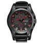 Men's quartz watch front view with dark dial, red minute markers, and chronograph subdials.