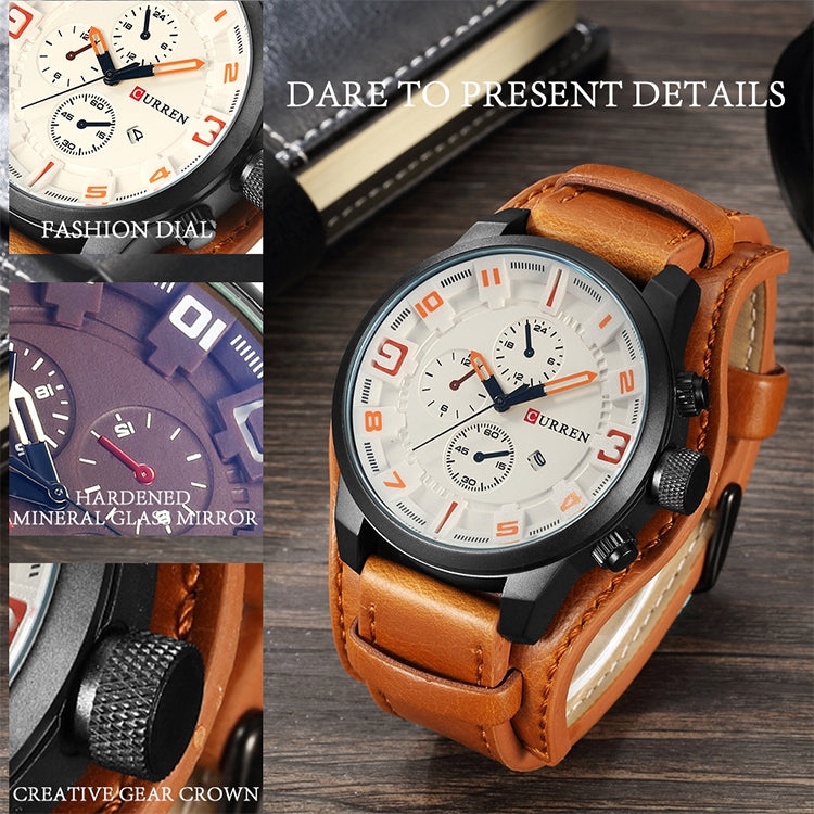 Men's quartz watch with orange leather band and white dial, orange markers and subdials.