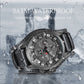 Men's quartz watch with black leather band and dark dial, white numerals and subdials.