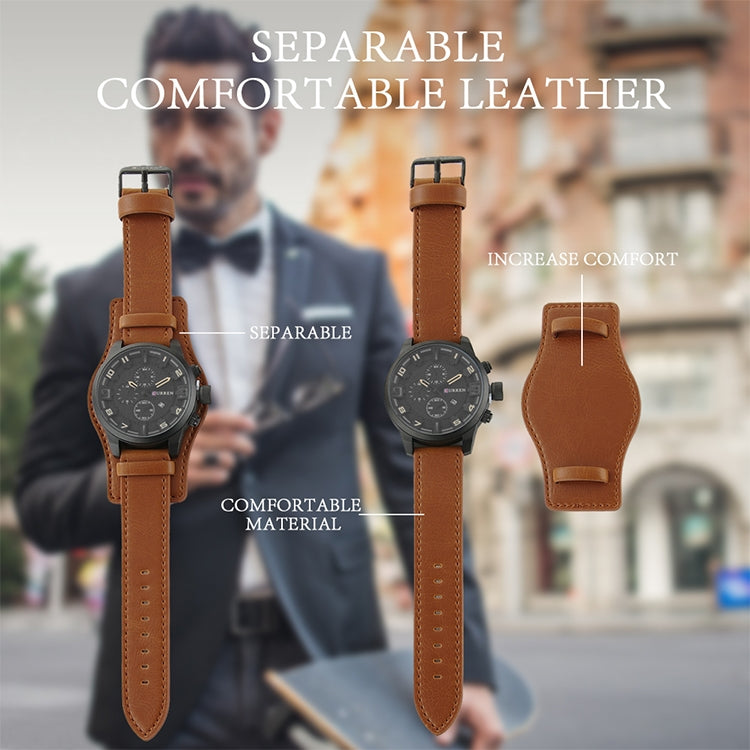 Men's quartz watch with tan leather strap and dark dial, shown from front and side.