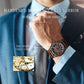 Men's quartz watch with dark dial and brown leather strap, worn on wrist.