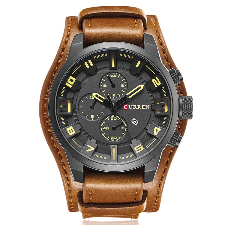 Men's quartz watch with brown leather band and black dial, yellow numerals and subdials.
