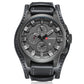Men's black leather quartz watch with black dial, sport bezel, three subdials