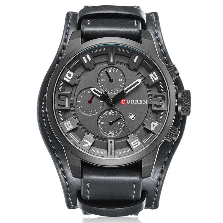 Men's black leather quartz watch with black dial, sport bezel, three subdials