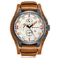 Men's brown leather quartz watch with white dial, orange markers, three subdials