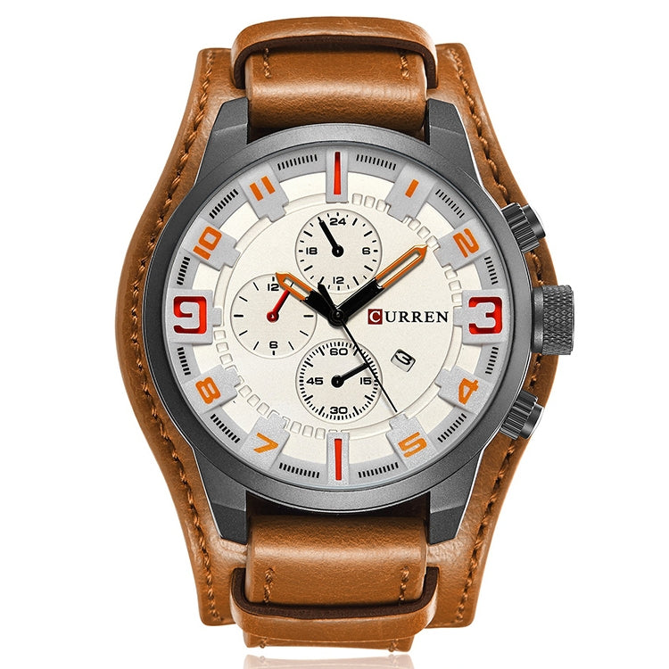Men's brown leather quartz watch with white dial, orange markers, three subdials