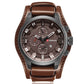 Men's brown leather quartz watch with dark dial, orange numerals, three subdials