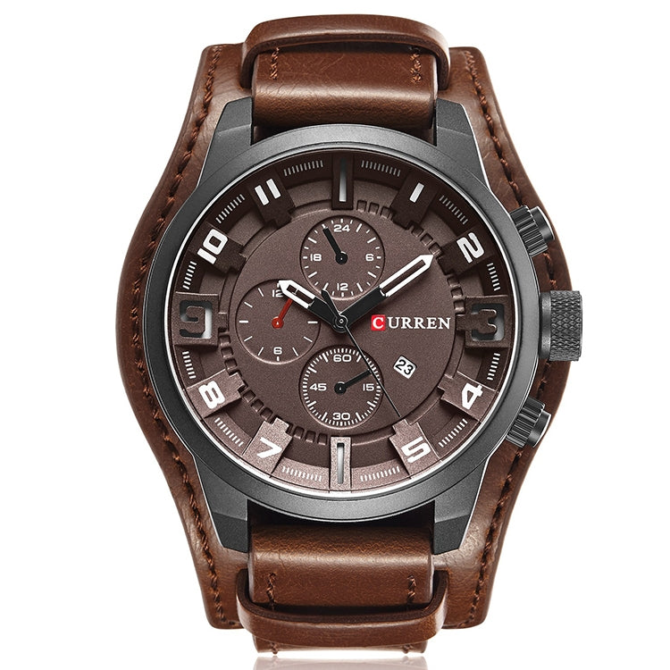Men's brown leather quartz watch with dark dial, orange numerals, three subdials