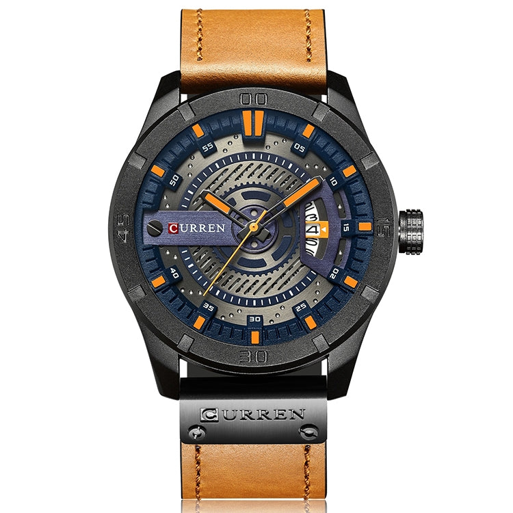 Men's military sports quartz watch, black case with blue dial, orange leather strap