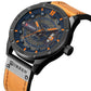 Men's military sports quartz watch, close-up black case with blue face, orange leather band