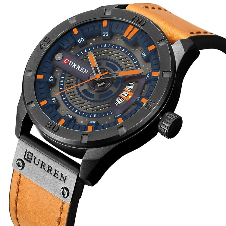 Men's military sports quartz watch, close-up black case with blue face, orange leather band