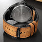 Men's military sports quartz watch case back, brown leather band with stitched holes