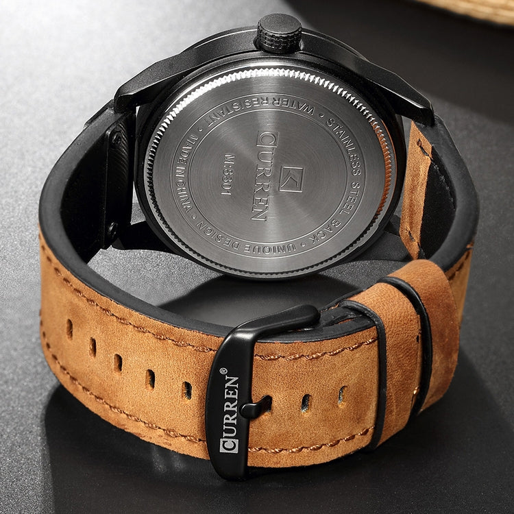 Men's military sports quartz watch case back, brown leather band with stitched holes