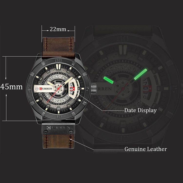 Men's military sports quartz watch with genuine leather look, brown strap and black case