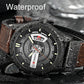 Men's military sports quartz watch with water droplets, black case with white dial, brown leather strap
