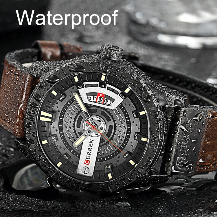 Men's military sports quartz watch with water droplets, black case with white dial, brown leather strap