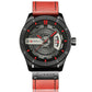 Men's military sports quartz watch, black case with red accents, orange leather strap