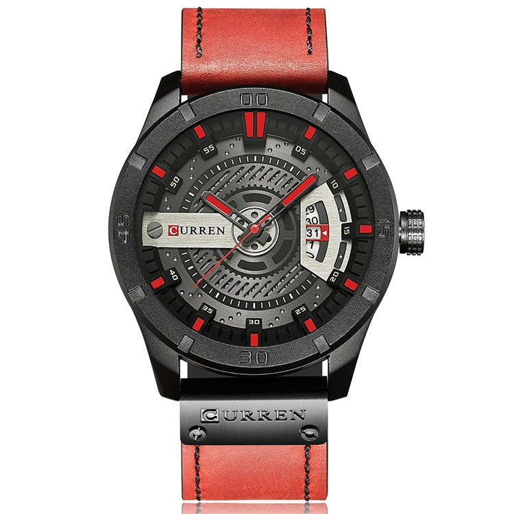 Men's military sports quartz watch, black case with red accents, orange leather strap
