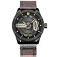 Men's military sports quartz watch, black case with yellow accents, brown leather strap