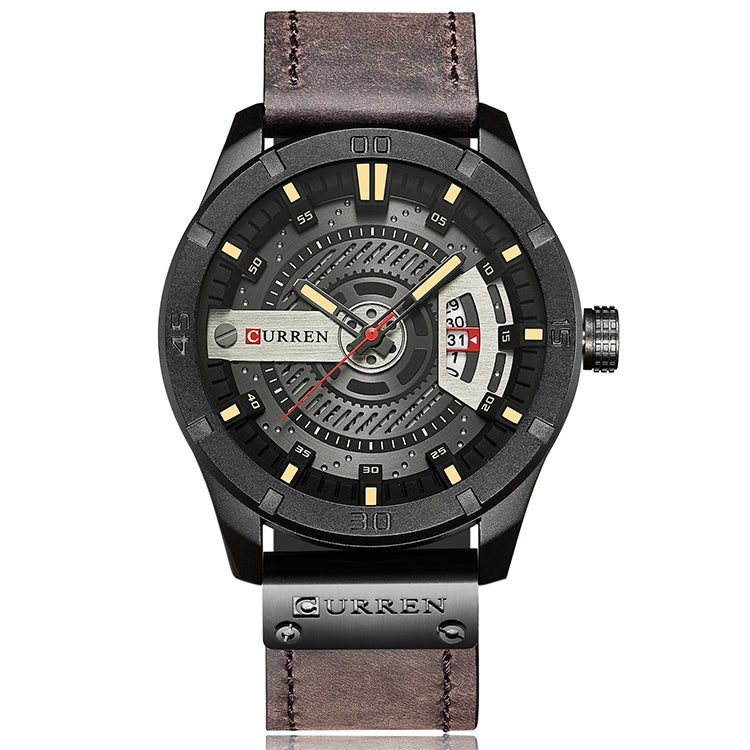 Men's military sports quartz watch, black case with yellow accents, brown leather strap