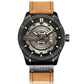 CURREN men's military sports watch, black case, brown leather strap, date display