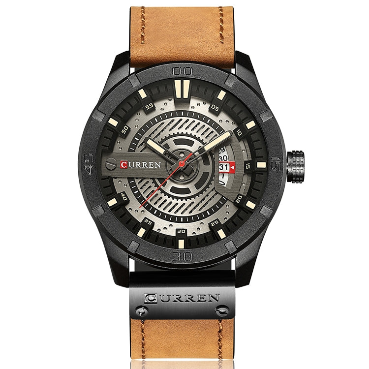 CURREN men's military sports watch, black case, brown leather strap, date display