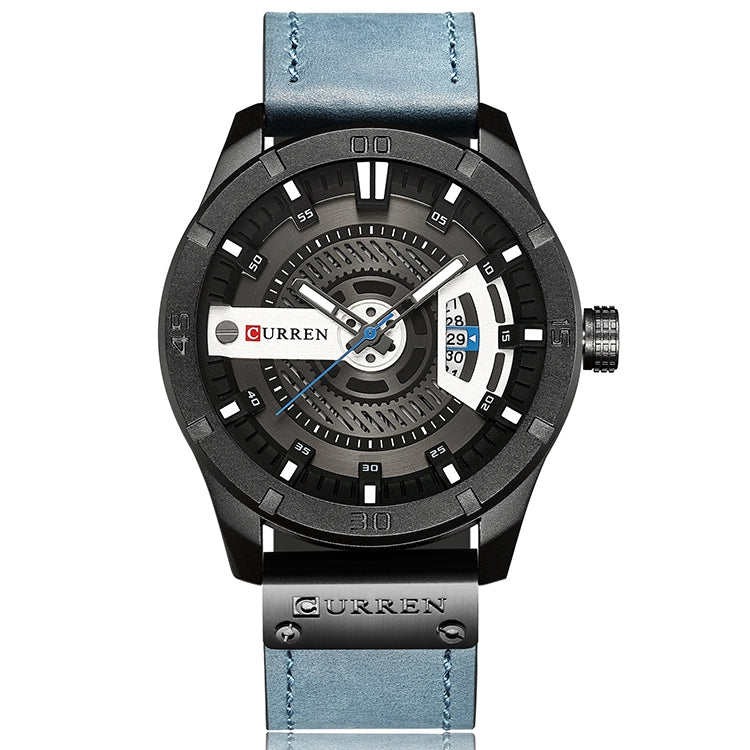 CURREN men's military sports watch, black case, blue leather strap, date display