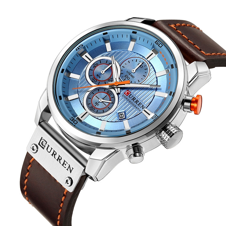Men’s chronograph wristwatch, blue dial with subdials, silver case, brown leather strap