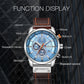Men’s chronograph wristwatch with blue dial, silver case, and brown leather strap