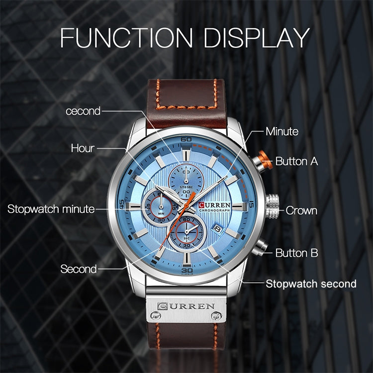 Men’s chronograph wristwatch with blue dial, silver case, and brown leather strap