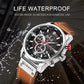 Men’s chronograph wristwatch with black dial, silver case, and tan leather strap