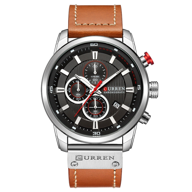 Men’s chronograph wristwatch with black dial, silver case, and tan leather strap