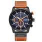 Men’s chronograph wristwatch with blue dial accents, black case, and tan leather strap