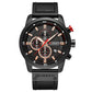Chronograph leather watch, black case and strap, black dial with subdials