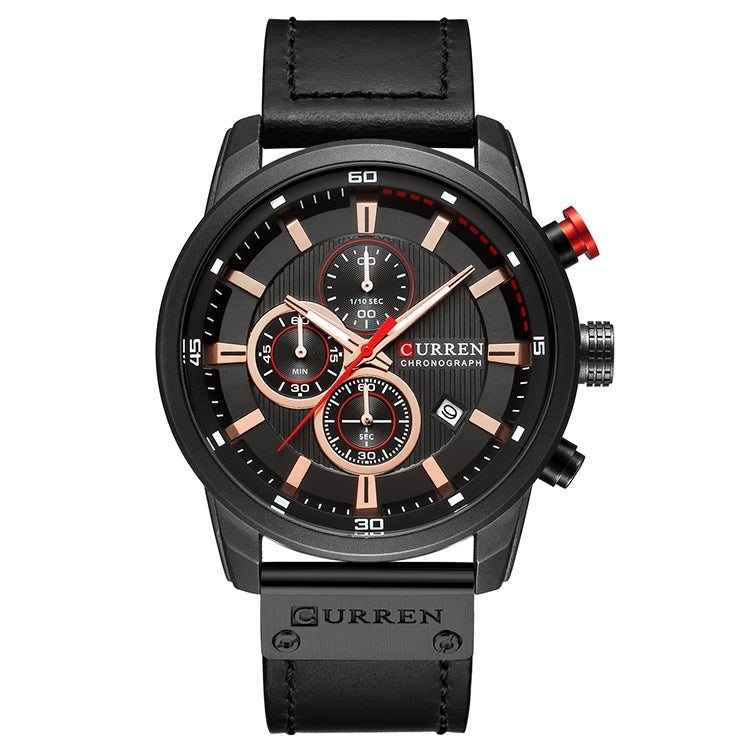 Chronograph leather watch, black case and strap, black dial with subdials