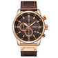 Chronograph leather watch, rose-gold case and brown strap, dark dial with subdials