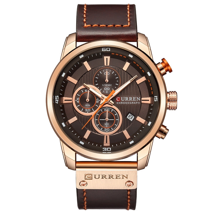 Chronograph leather watch, rose-gold case and brown strap, dark dial with subdials