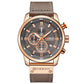 Chronograph leather watch, rose-gold case and gray-brown strap, dark dial with subdials