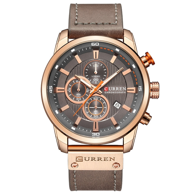 Chronograph leather watch, rose-gold case and gray-brown strap, dark dial with subdials