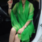 Green chiffon silk scarf, sheer shoulder wrap with loose, layered folds