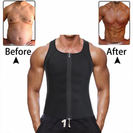 Men's black sleeveless zipper abdomen corset vest on model